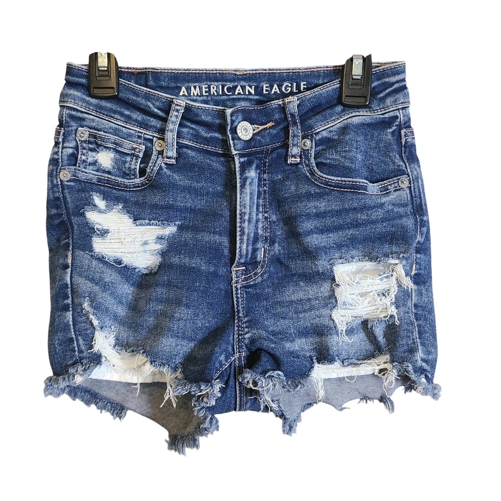 American Eagle Denim Shorts Women 00 Blue Distressed High Rise Shortie Embroider